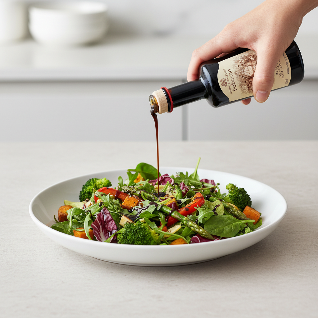 Botanico Organic balsamic vinegar being drizzled over fresh salad