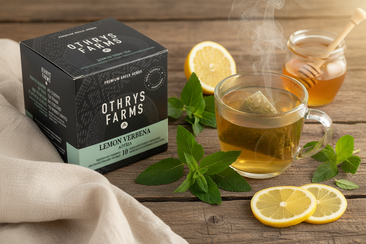 Othrys Farms Lemon Verbena tea box flat lay with pyramid bag steeping, lemon slices and honey on wood