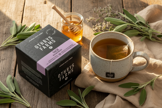 Othrys Farms Sage tea box flat lay with pyramid bag steeping, fresh sage leaves and honey on wood