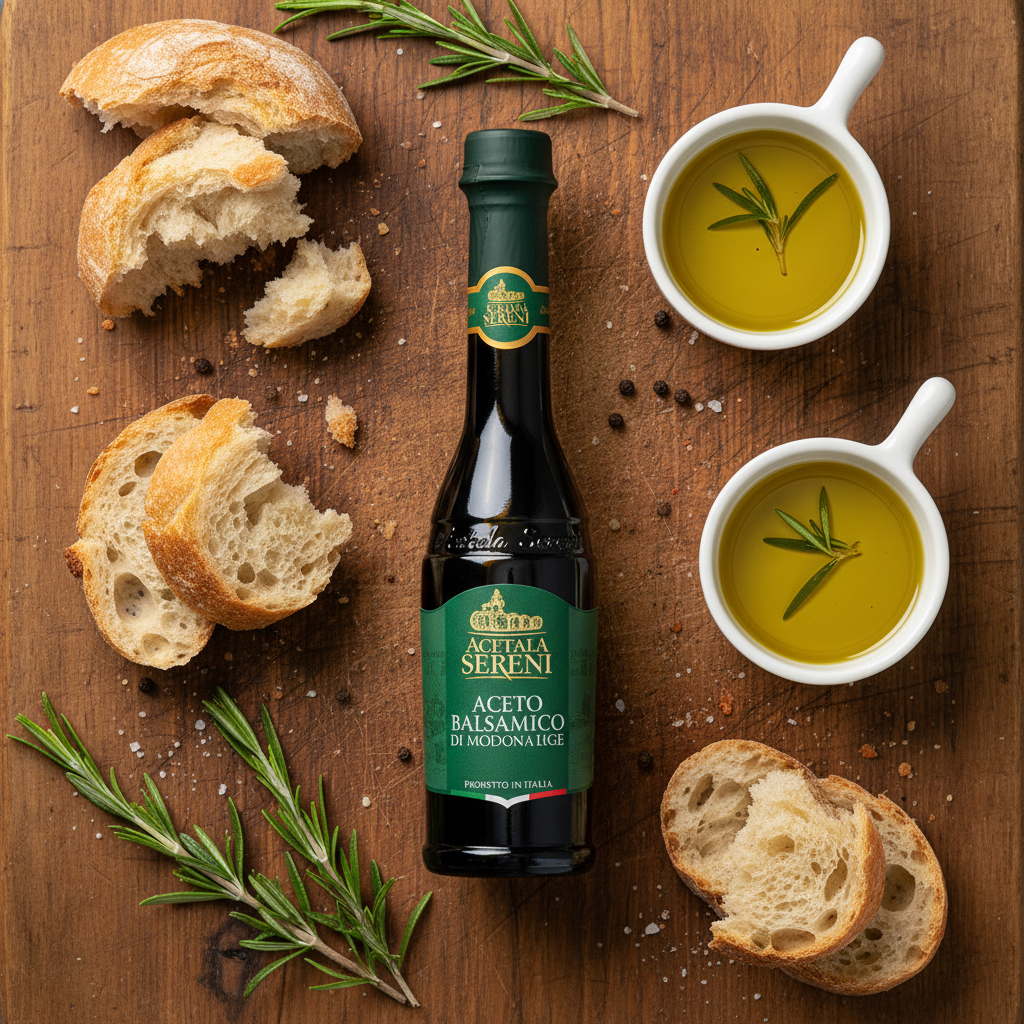 Modena Green Label balsamic vinegar with artisan bread and olive oil