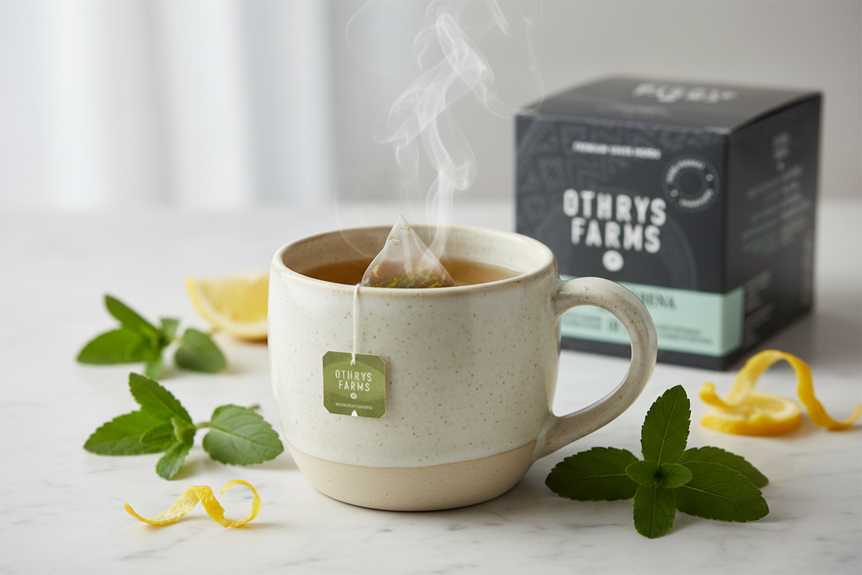 Othrys Farms Lemon Verbena pyramid tea bag steeping in ceramic cup with fresh lemon verbena leaves on marble