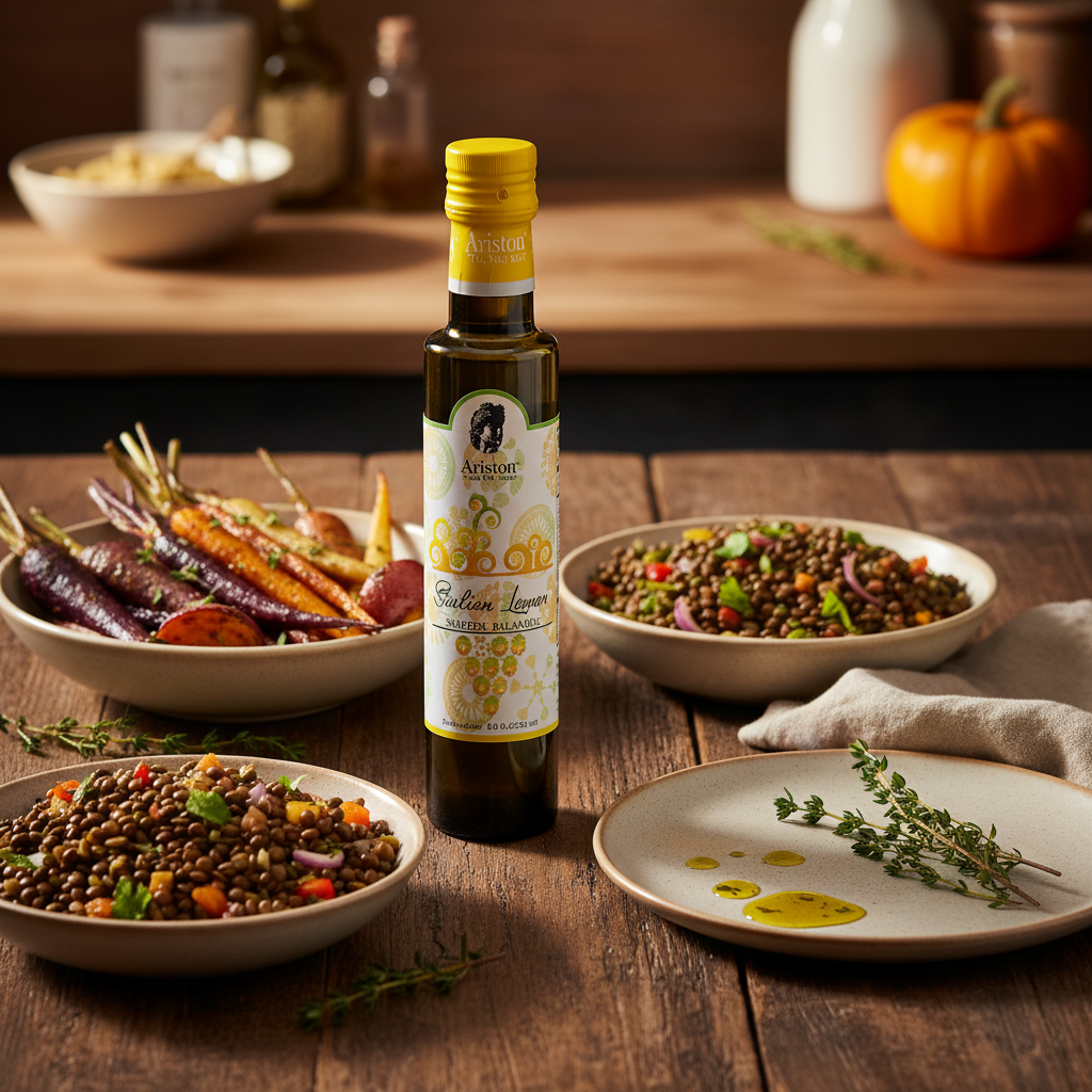 Ariston Lemon Balsamic vinegar with roasted root vegetables and lentil salad