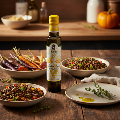 Ariston Lemon Balsamic vinegar with roasted root vegetables and lentil salad