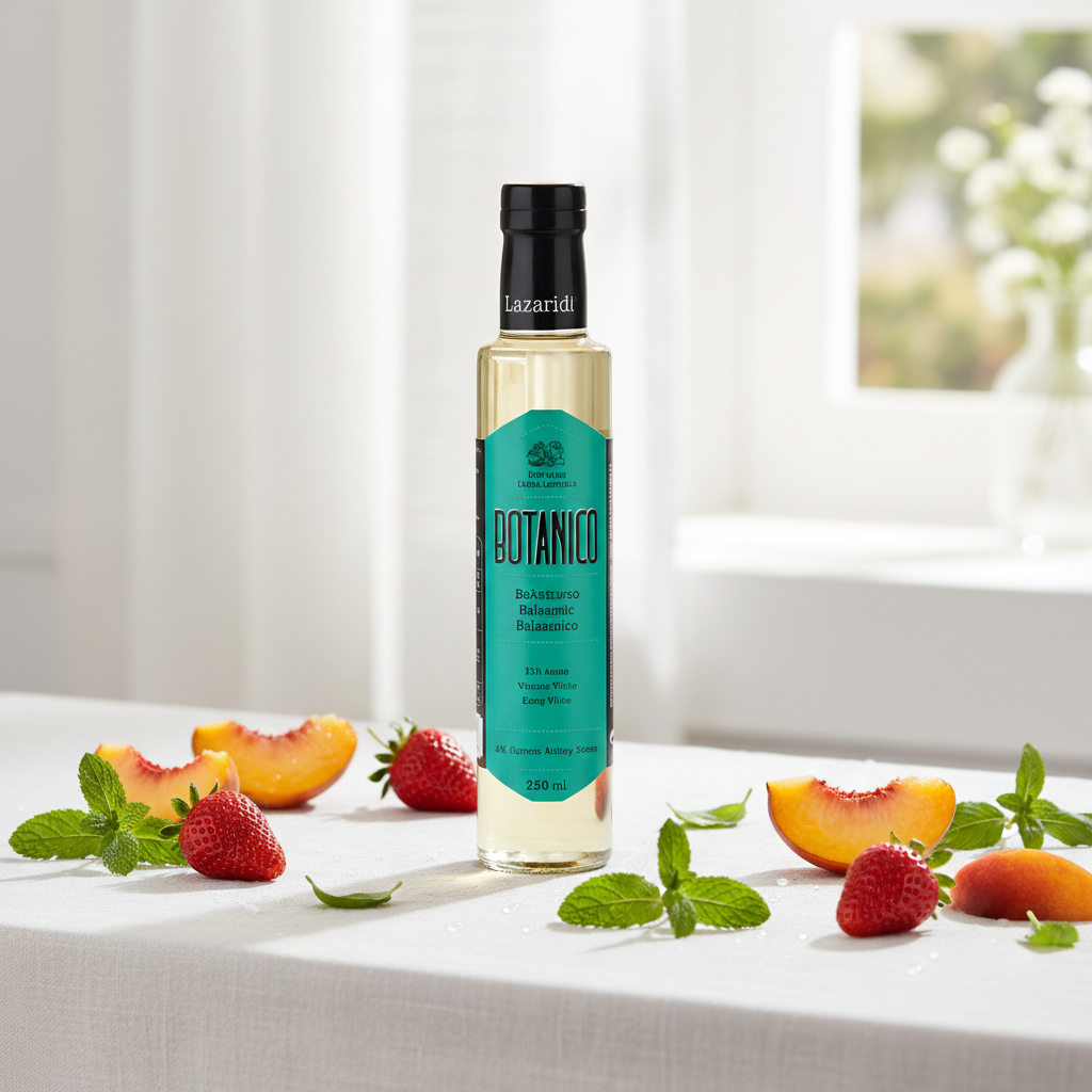 Botanico White Balsamic vinegar with fresh strawberries and peaches