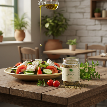 Greek Oregano with fresh Greek salad, feta cheese, and olive oil