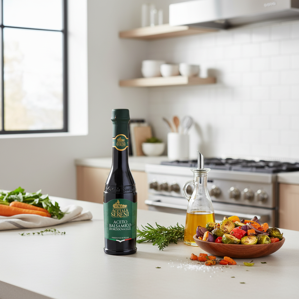 Modena Green Label balsamic vinegar in modern kitchen with roasted vegetables
