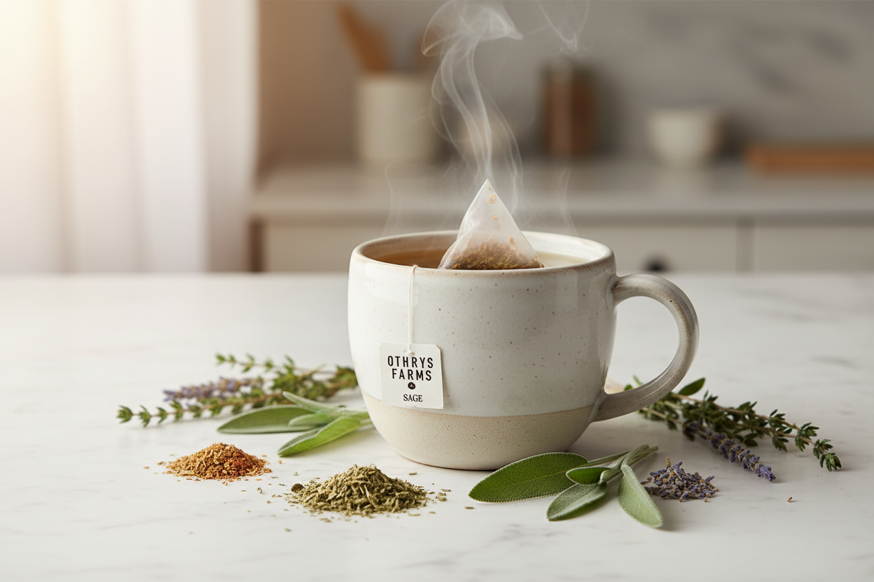 Othrys Farms Sage pyramid tea bag steeping in ceramic cup with fresh sage leaves on marble