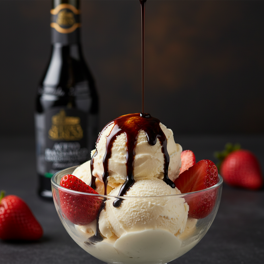 Modena Black Label balsamic vinegar drizzled over vanilla gelato with strawberries