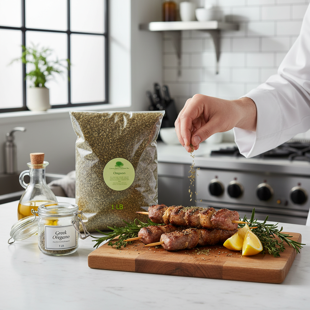 Greek Oregano with grilled lamb souvlaki in professional kitchen