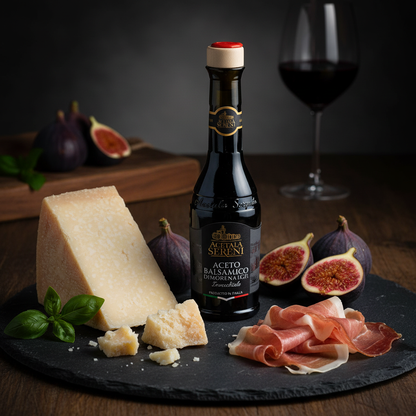 Modena Black Label balsamic vinegar with aged Parmigiano-Reggiano and prosciutto