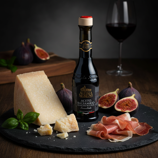 Modena Black Label balsamic vinegar with aged Parmigiano-Reggiano and prosciutto