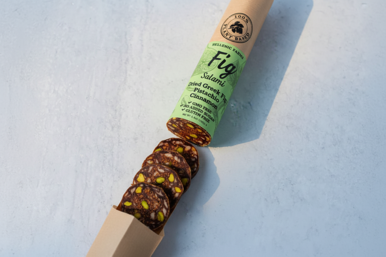 Hellenic Farms Vegan Fig Salami — Pistachio & Cinnamon | Raw Greek Figs, No Added Sugar | Vegan Charcuterie