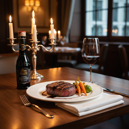 Modena Black Label balsamic vinegar with grilled ribeye steak dinner