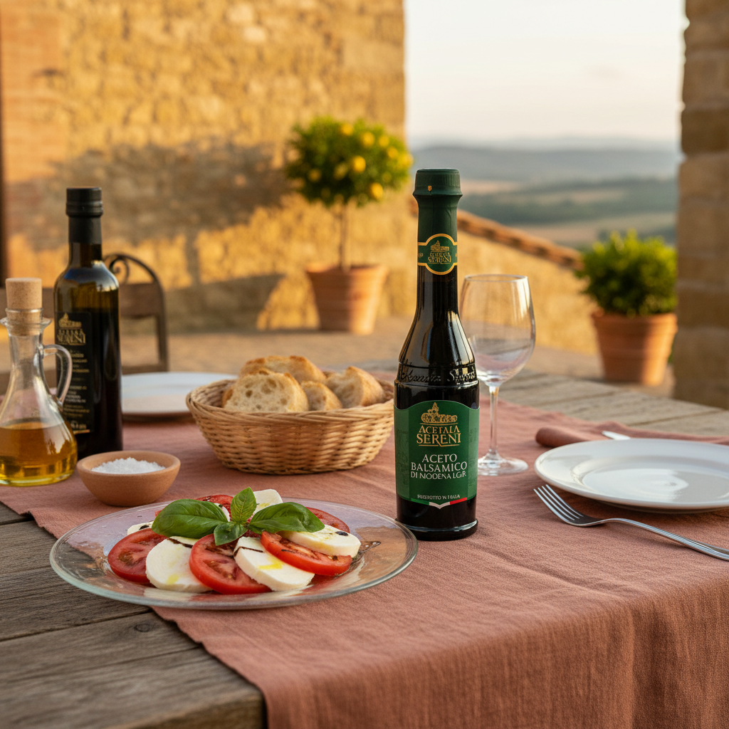 Modena Green Label balsamic vinegar with fresh caprese salad