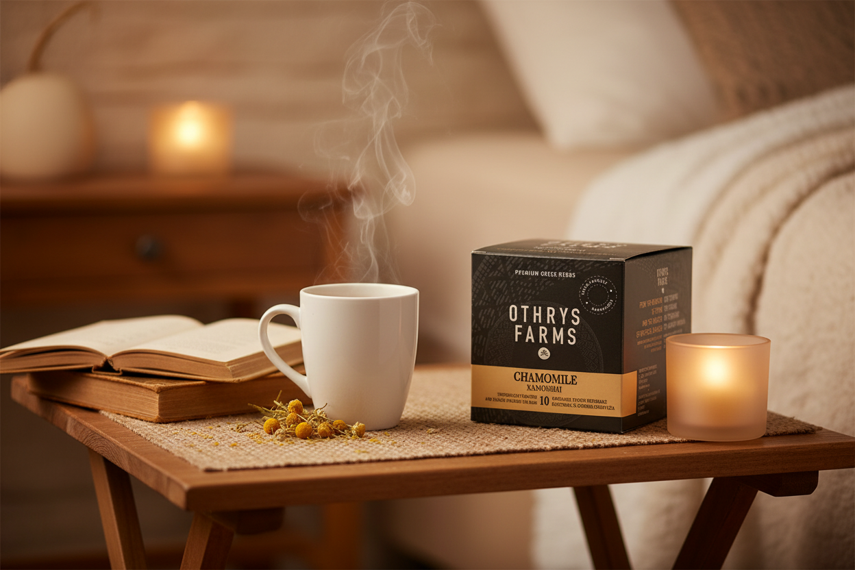 Othrys Farms Chamomile tea box with steaming mug, book and candle in cozy bedside setting