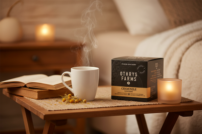 Othrys Farms Chamomile tea box with steaming mug, book and candle in cozy bedside setting