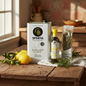 Mediterranean Citrus Culinary Set Lifestyle Image. three products artfully arranged on a rustic wooden table with fresh Mediterranean ingredients like lemons and herbs, creating an inviting atmosphere perfect for a blog post or promotional content