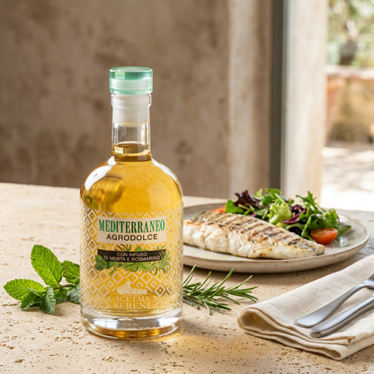 Acetaia Sereni Mediterraneo white balsamic beside grilled fish, green salad, fresh mint and rosemary