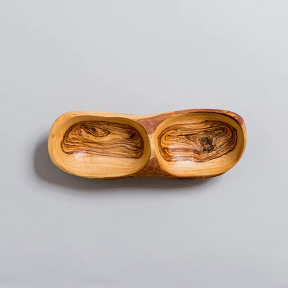 2 sections  rustic olive wood bowl. By Alpha Omega Imports