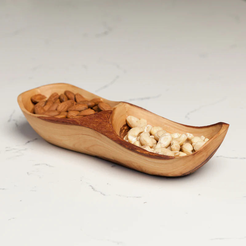 2 sections  rustic olive wood bowl. By Alpha Omega Imports