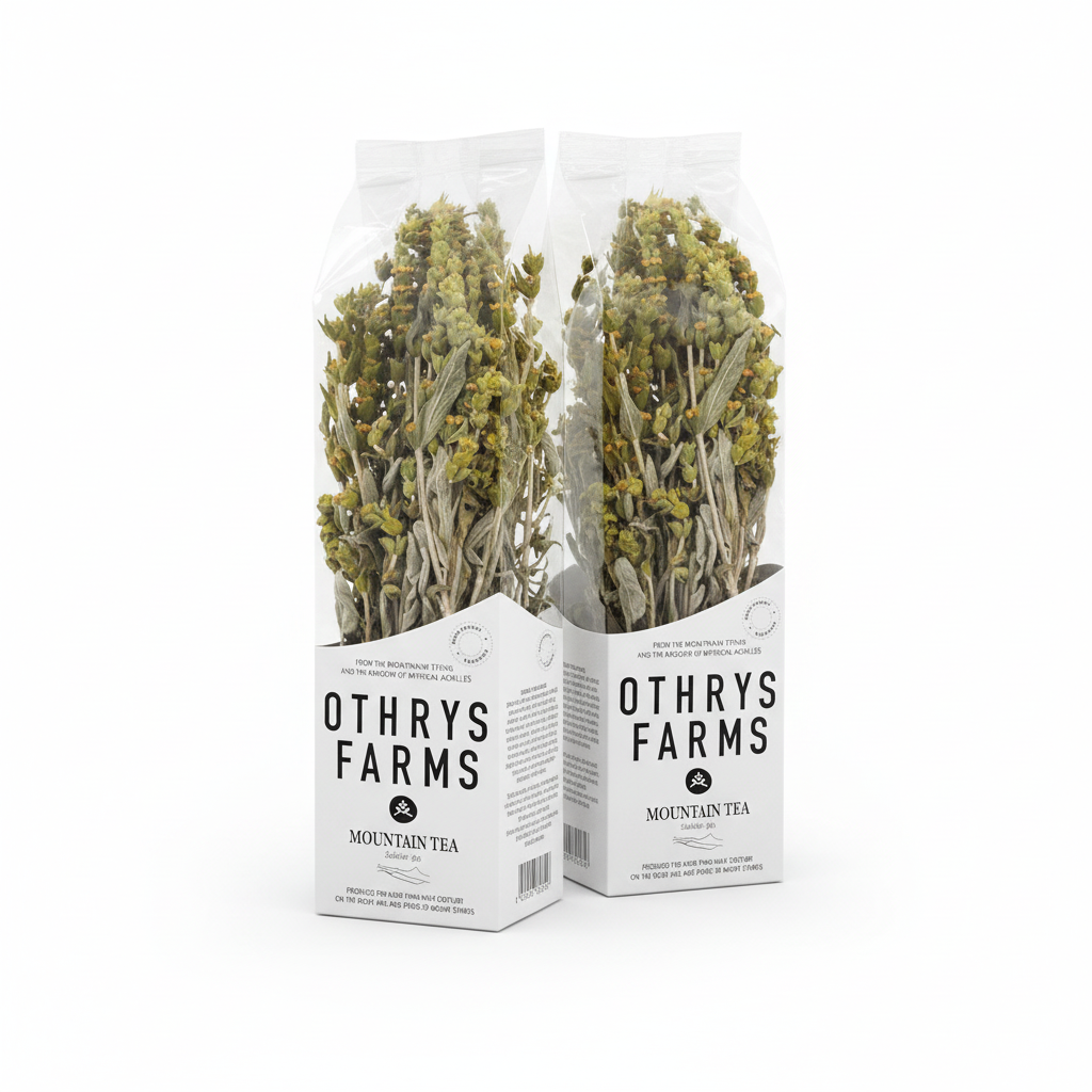 two packages of your Othrys Mountain Tea arranged professionally on a clean white background