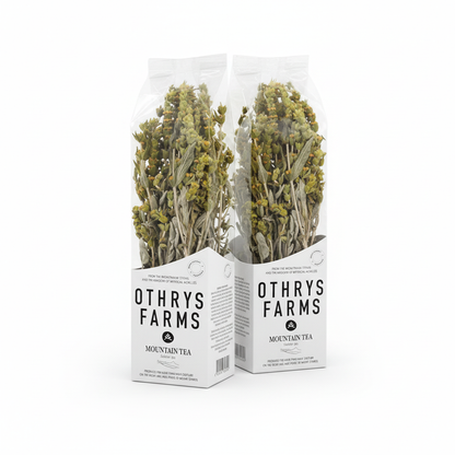 two packages of your Othrys Mountain Tea arranged professionally on a clean white background
