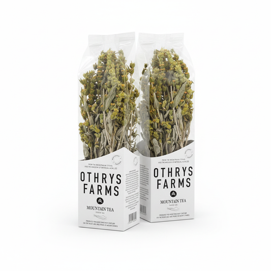 two packages of your Othrys Mountain Tea arranged professionally on a clean white background
