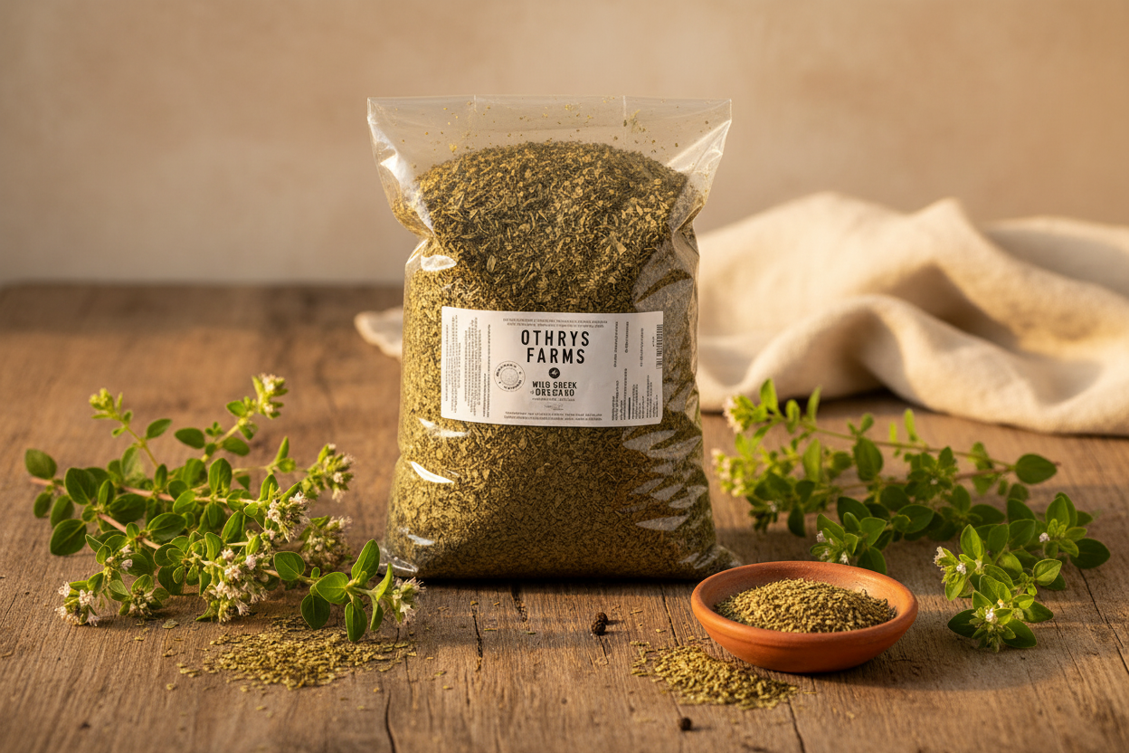 Shopify (3:2): Othrys Wild Greek Oregano 1 lb bag flat lay with dried oregano, ceramic dish, and fresh branches on rustic wooden surface