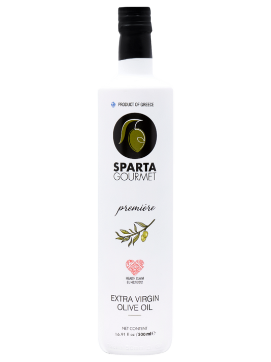 Sparta Gourmet Premiere Greek Koroneiki EVOO bottle on white background