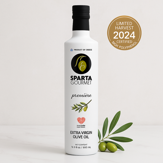 Bottle of Sparta Gourmet Extra Virgin Olive Oil with a 'Limited Harvest 2024' label on a light gray background