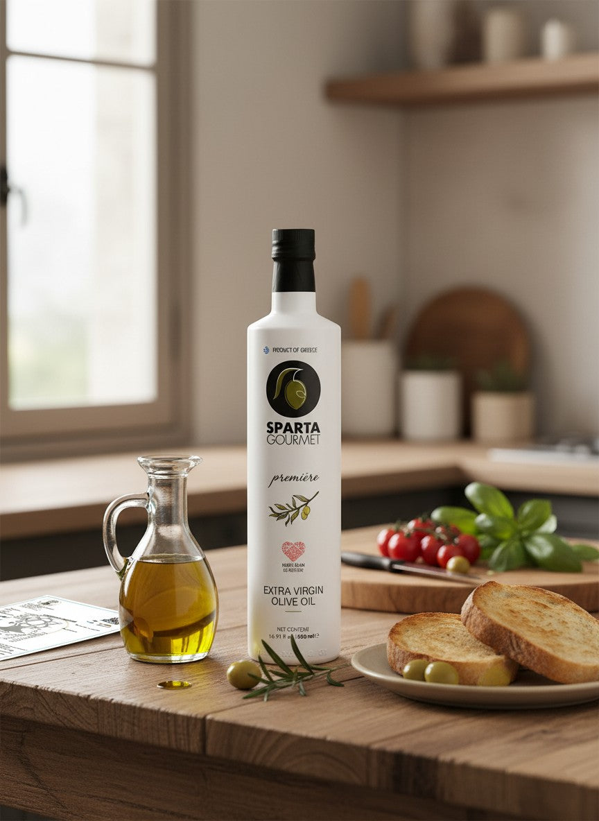 Bottle of Sparta Gourmet olive oil on a kitchen counter with bread and tomatoes.