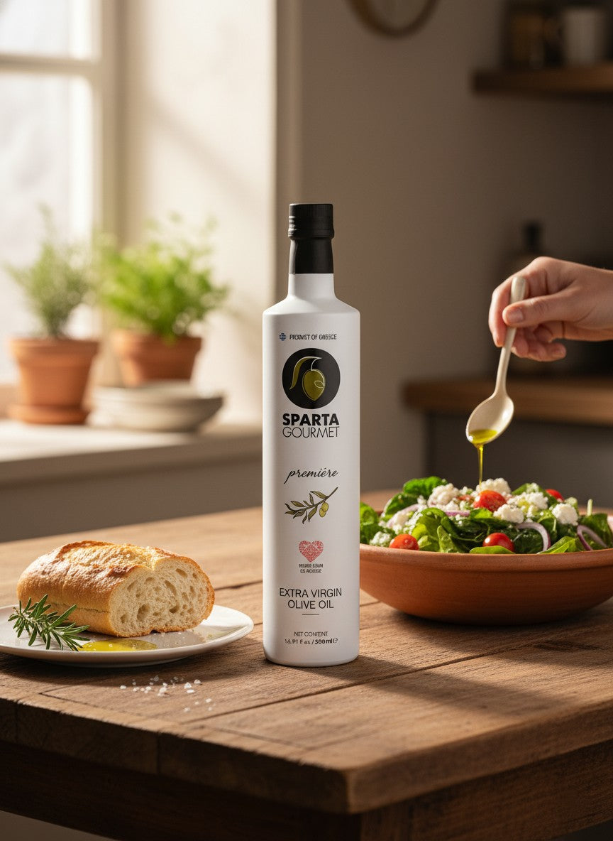 Sparta Gourmet olive oil bottle on a wooden table with bread and salad