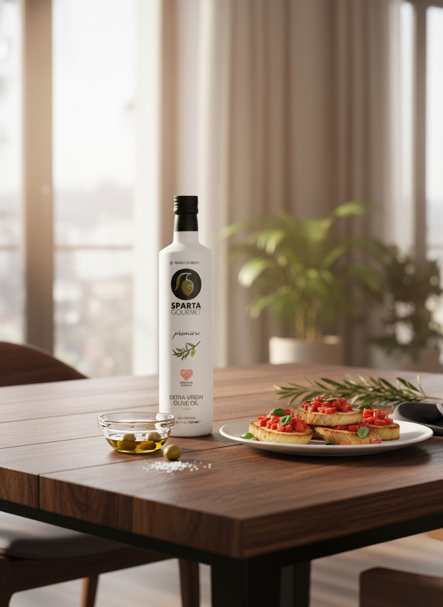 Bottle of Sparta olive oil on a table with a plate of food and small bowl of olives.