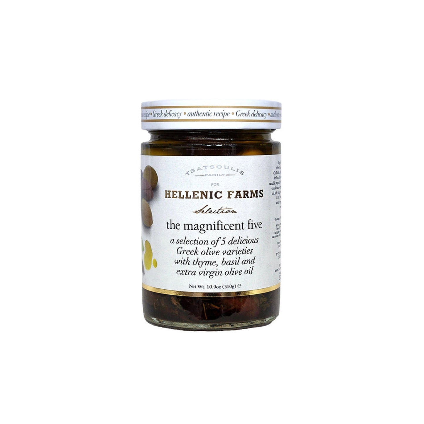 Jar of 5 olive varieties on a white background