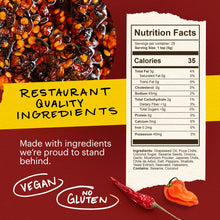 Load image into Gallery viewer, Momofucu Extra Spicy Chili Crunch Nutrition Facts. Distributed by Alpha Omega Imports
