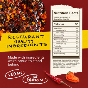 Momofucu Extra Spicy Chili Crunch Nutrition Facts. Distributed by Alpha Omega Imports