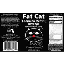 Load image into Gallery viewer, Chairman Meow&#39;s revenge hot sauce, Nutrition facts. Distributed by Alpha Omega Imports
