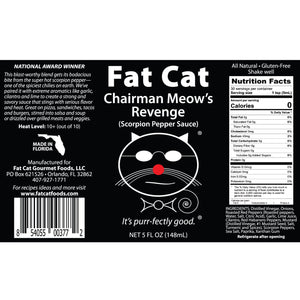 Chairman Meow's revenge hot sauce, Nutrition facts. Distributed by Alpha Omega Imports