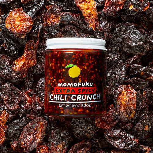 Momofucu Extra Spicy Chili Crunch. Distributed by Alpha Omega Imports