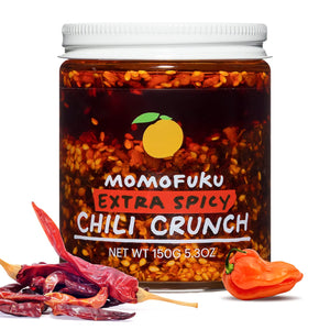 Momofucu Extra Spicy Chili Crunch. Distributed by Alpha Omega Imports