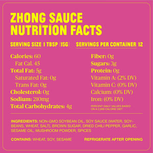 Fly by Jing Zhong Sauce Nutrition Facts. Distributed by Alpha Omega Imports