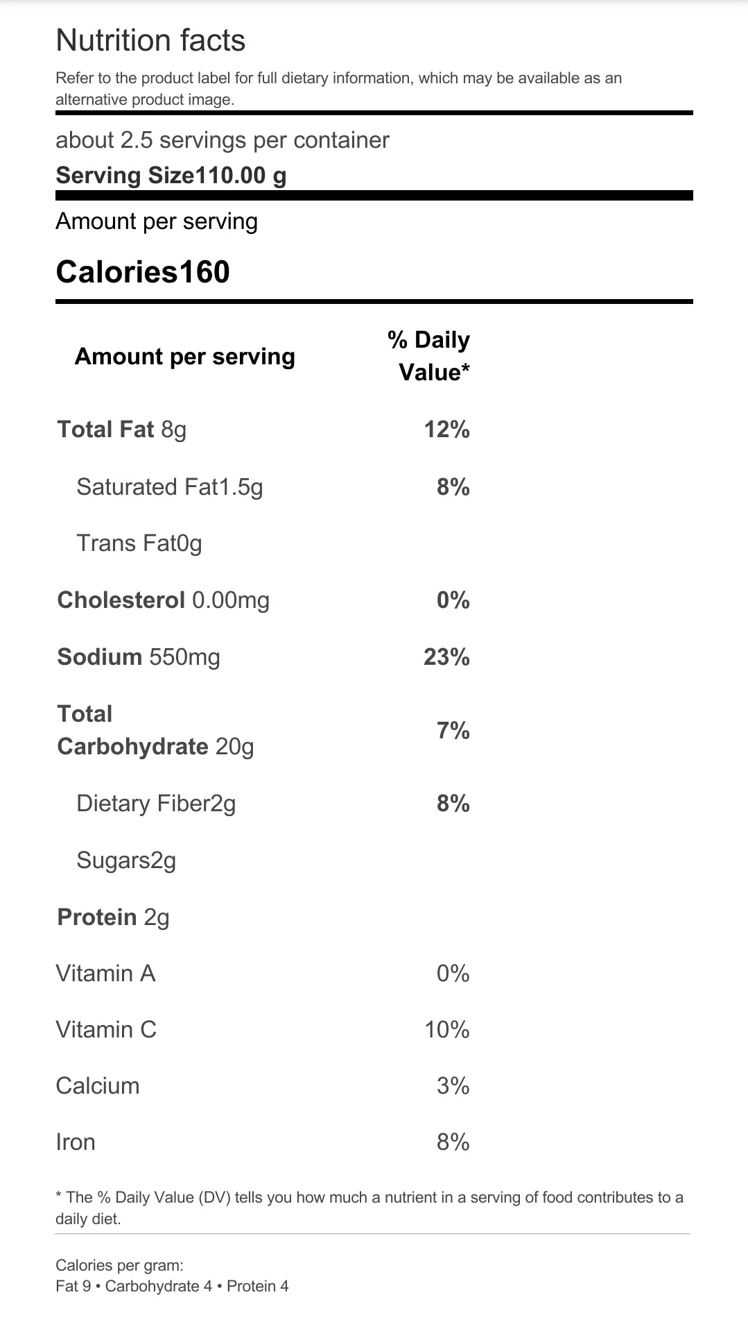 Nutrition facts-Palirria Stuffed Vine Leaves, Dolmas 10 oz. Distributed by Alpha Omega Imports