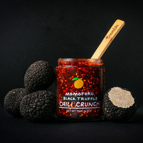 Momofucu Black Truffle Chili Crunch. Distributed by Alpha Omega Imports