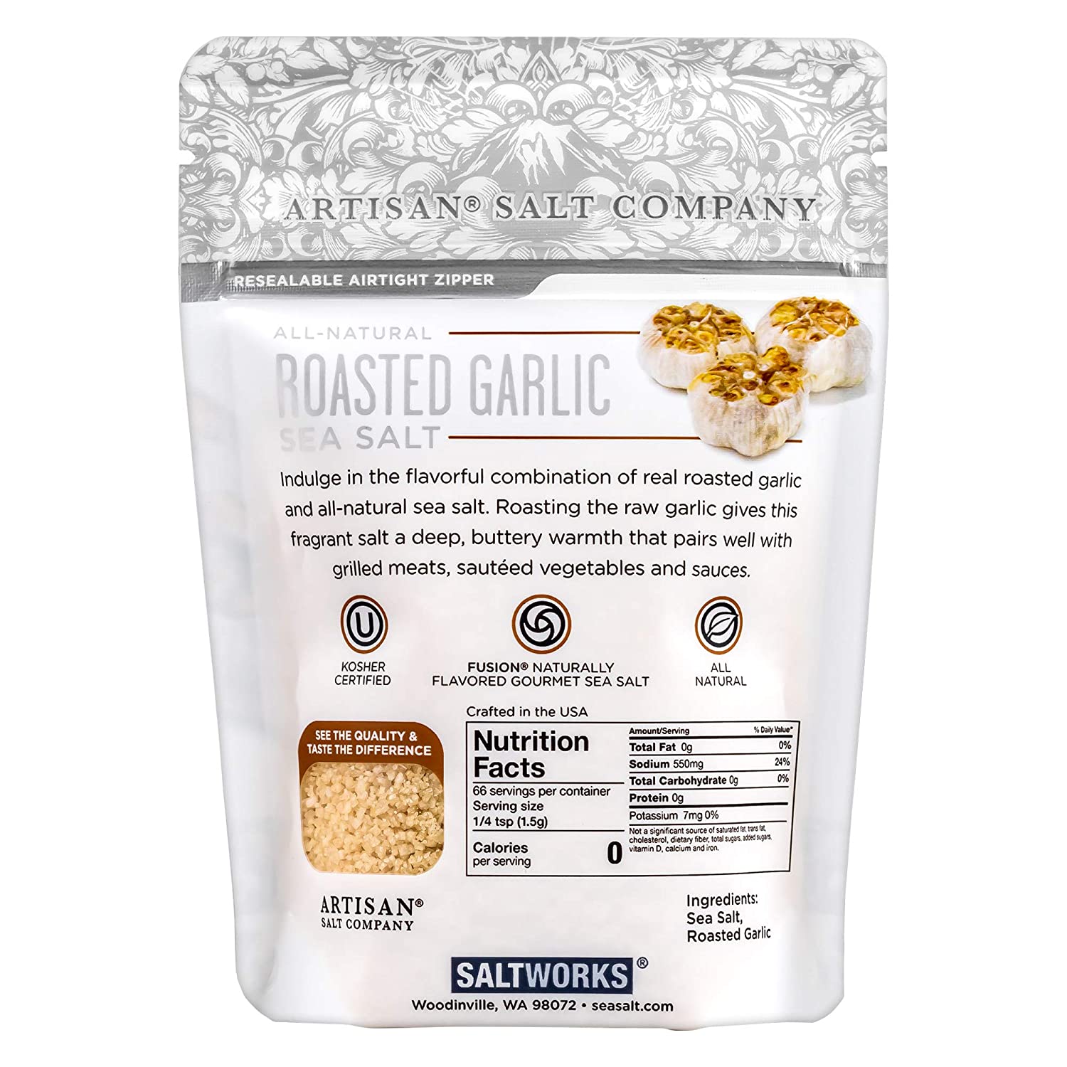 Roasted Garlic flavored Sea Salt, distributed by Alpha Omega Imports, Inc