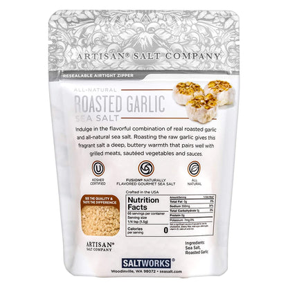 Roasted Garlic flavored Sea Salt, distributed by Alpha Omega Imports, Inc
