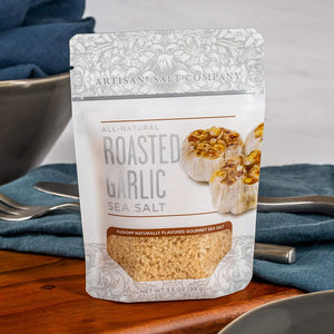 Roasted Garlic flavored Sea Salt, distributed by Alpha Omega Imports, Inc
