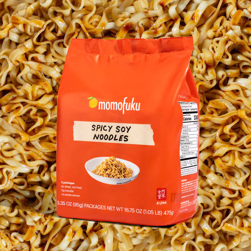 Momofuku Spicy Soy Noodles. Distributed by Alpha Omega Imports