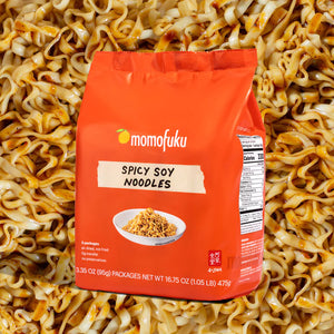 Momofuku Spicy Soy Noodles. Distributed by Alpha Omega Imports