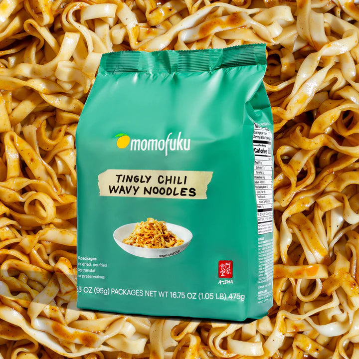 Momofuku Tingly Chili Noodles. Distributed by Alpha Omega Imports